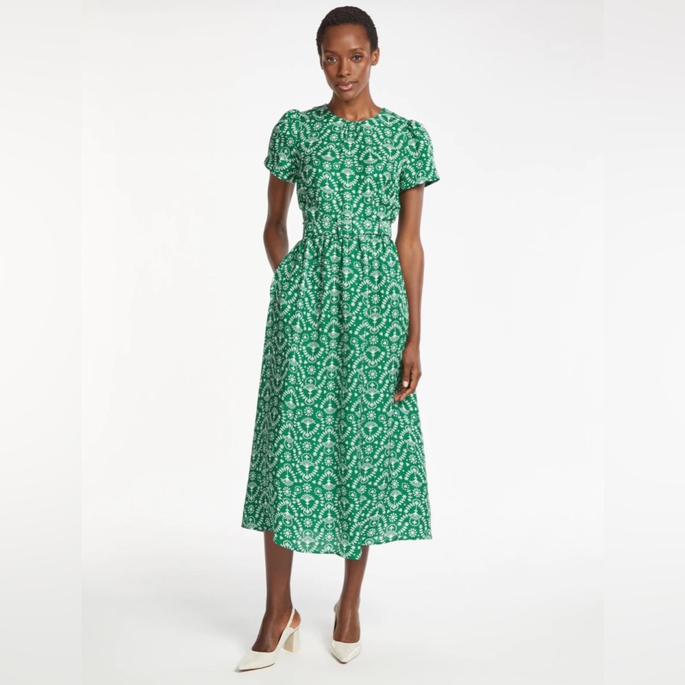 Green Broderick Anglais Print Short Sleeve Maxi Dress with Wide Belt